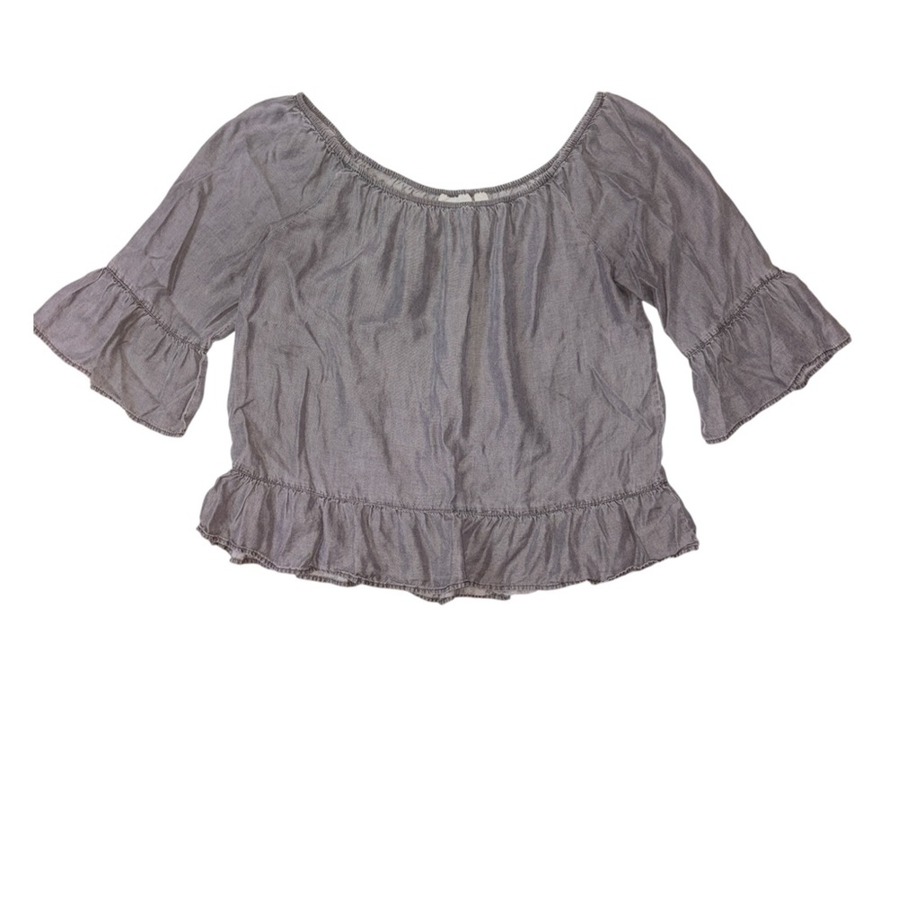 New York & Company Gray Ruffle Off The Shoulder Relaxed Fit Feminine Blouse